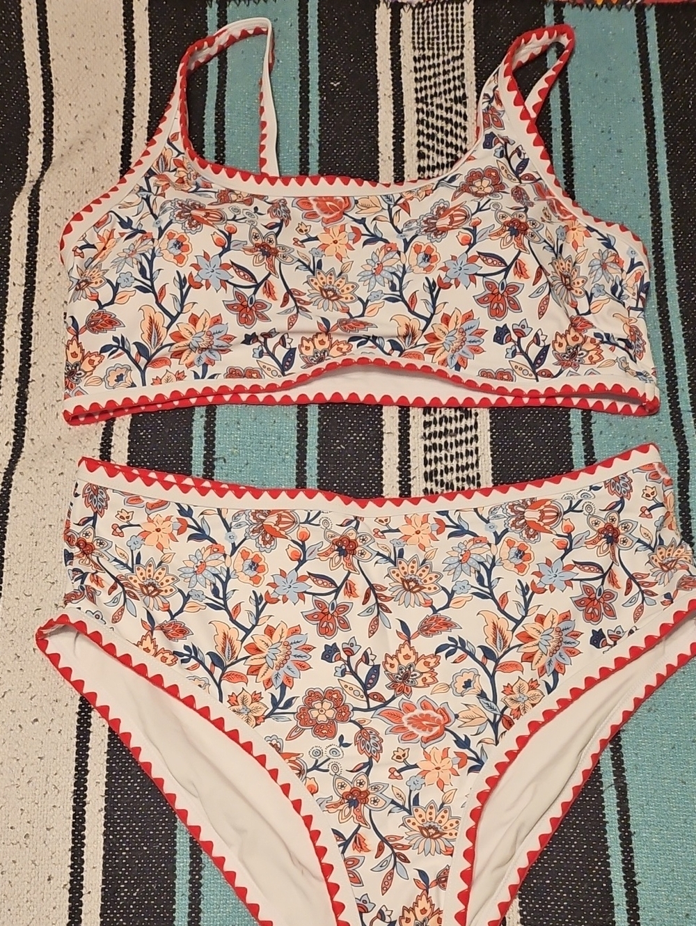 Floral Two-Piece Bikini Set in White, Coral & Blue